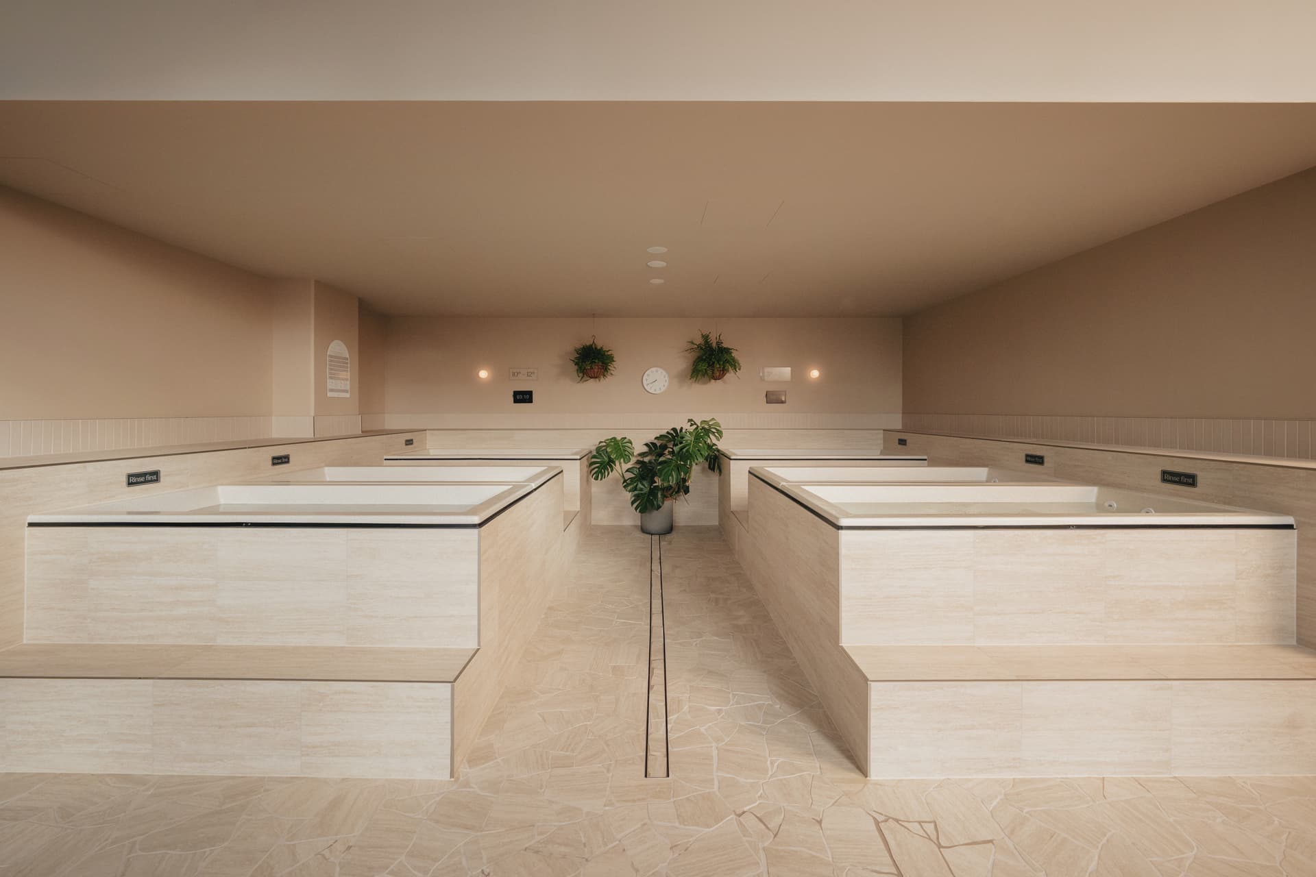 Bathing hall with four empty stone-clad cold plunge baths facing each other across a pale flagstone floor, with hanging ferns and a wall clock at the far end
