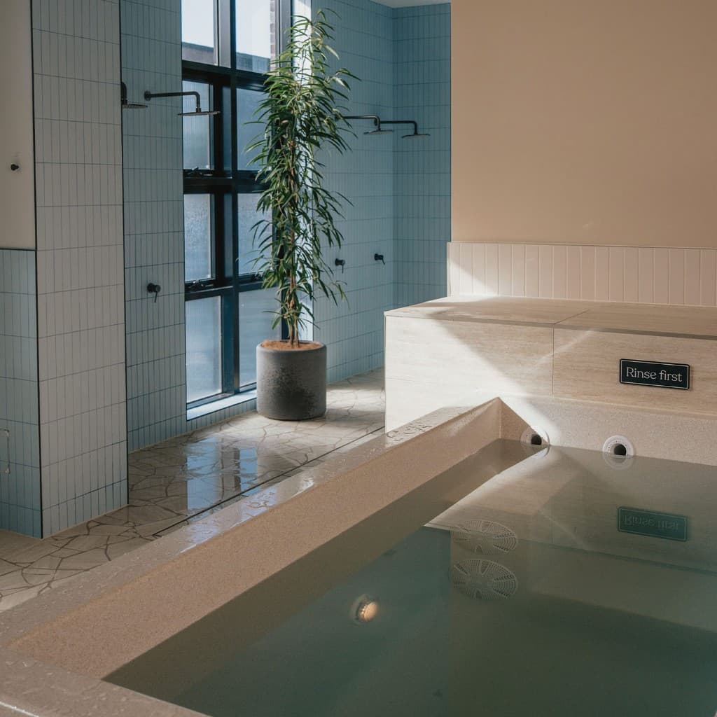 A tiled shower bay and a potted tree beside a stone-edged plunge pool, a Rinse first plaque on its ledge