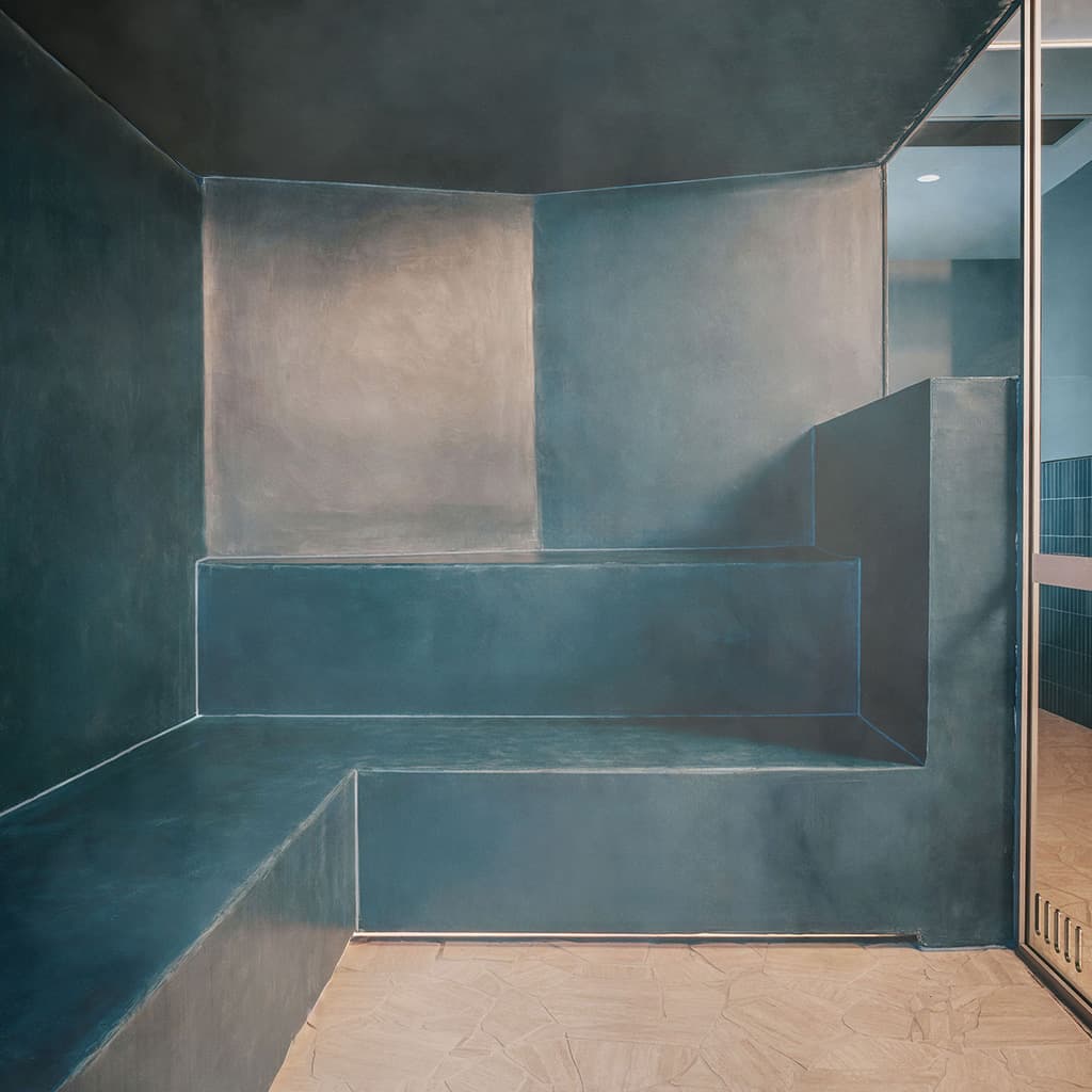 An empty steam room finished in deep blue-grey render, with a tiered bench running along two walls