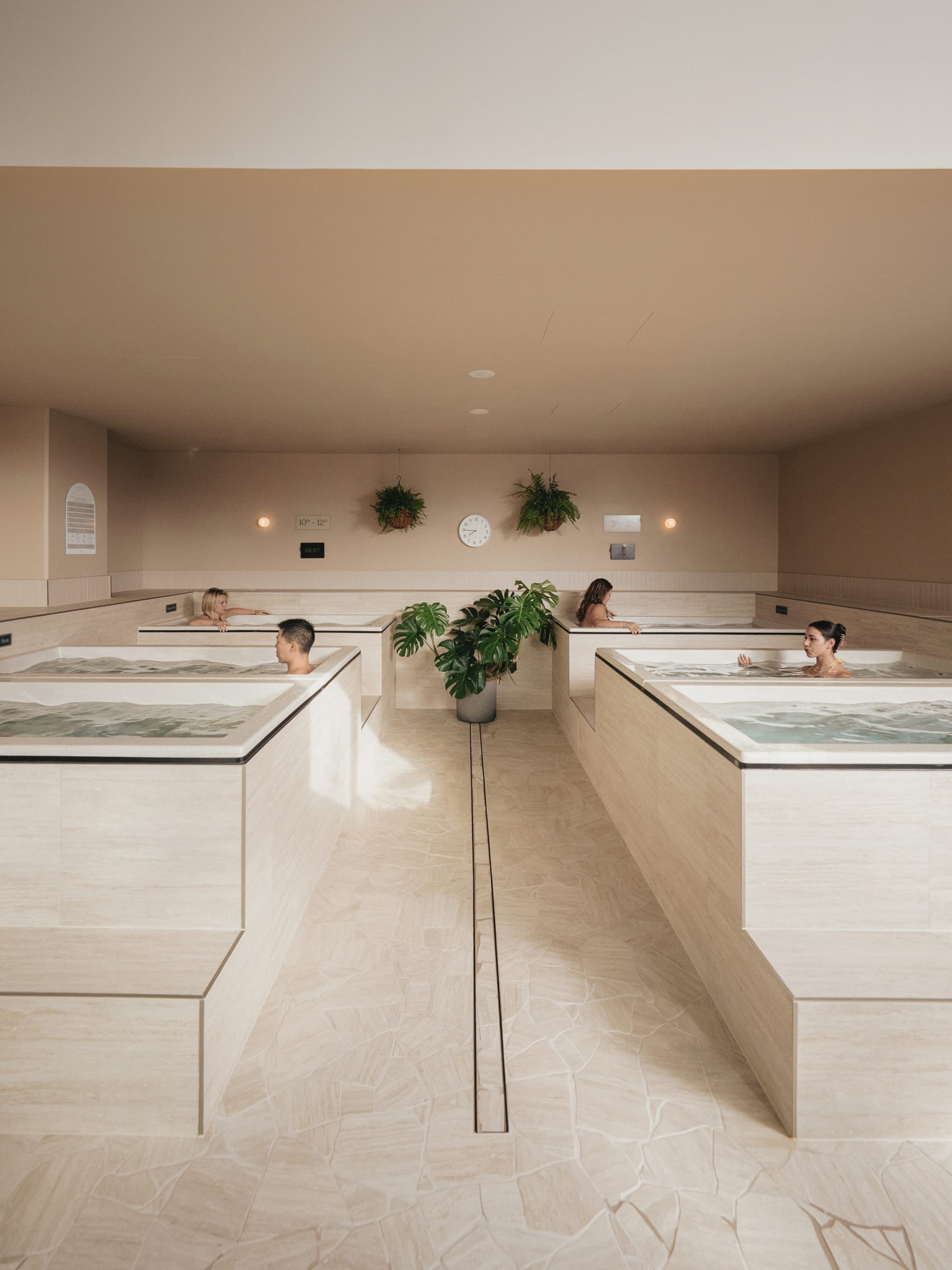 Four bathers submerged to the shoulders in separate stone-clad cold plunge baths in a quiet hall with hanging ferns and a wall clock