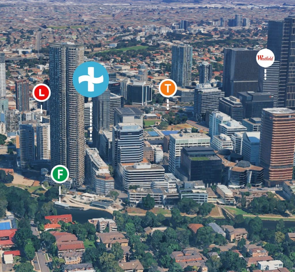Aerial map of Parramatta marking the XtraClubs site on Charles Street, with the light rail, train station, ferry wharf and Westfield nearby