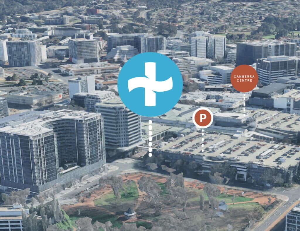 Aerial map of Canberra marking the XtraClubs site on Bunda Street, beside the Canberra Centre and its car park
