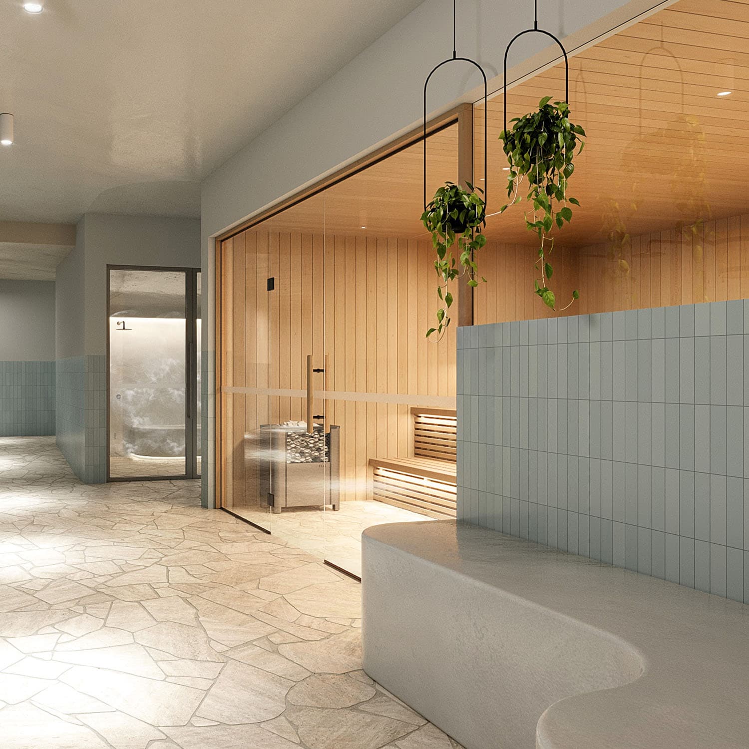 The sauna at Green Square seen from the changing area, its glazed timber cabin set behind a tiled bench and hanging plants