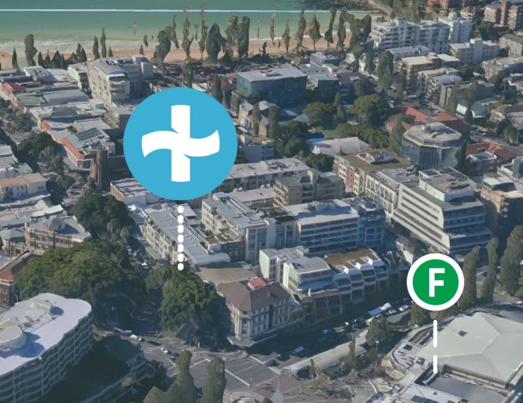 Aerial map of Manly marking the XtraClubs site on The Corso, with the beach at one end and the ferry wharf at the other