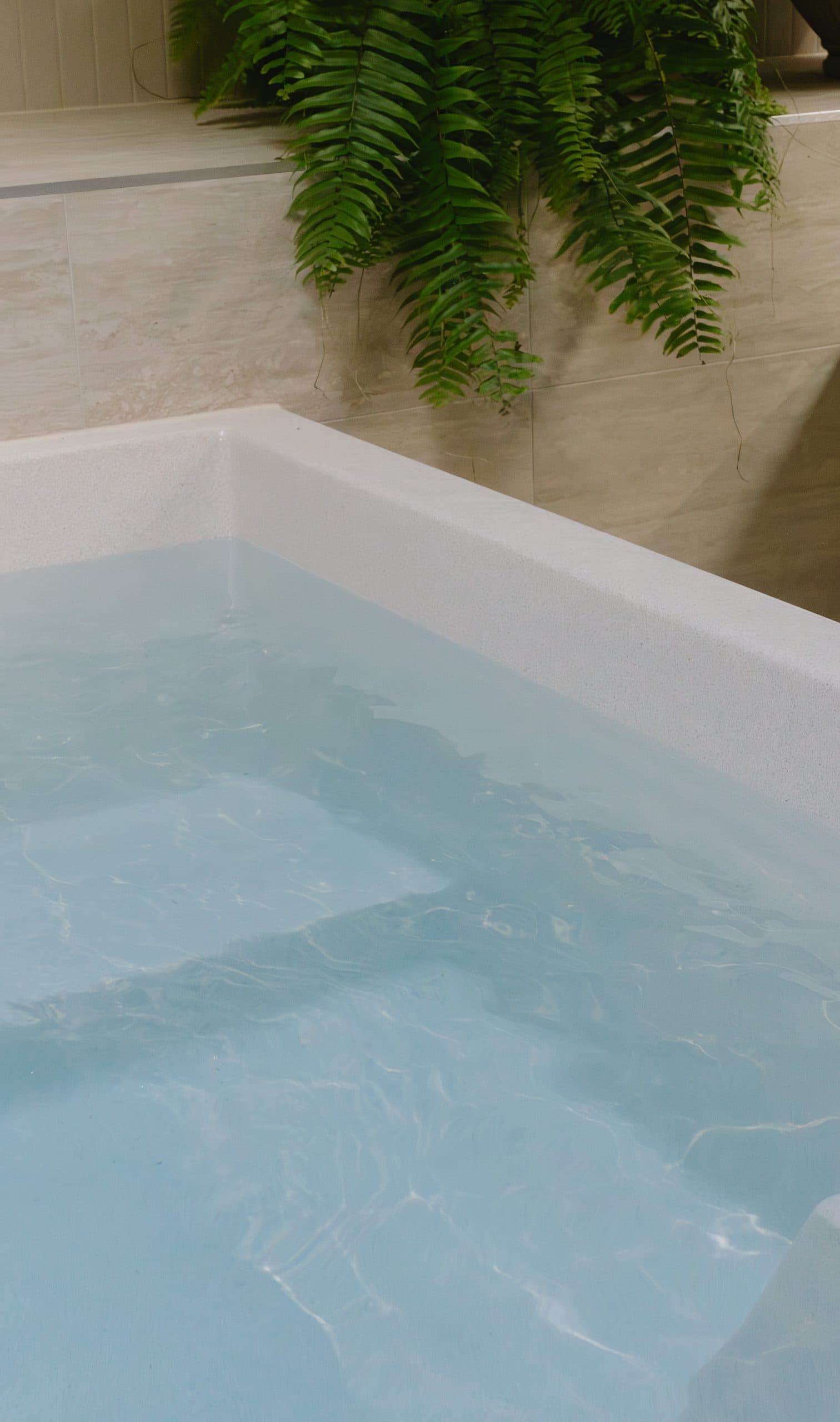 A cold plunge pool of pale blue water with a fern hanging over it